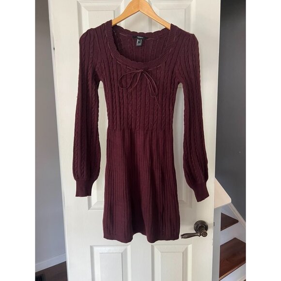 Forever 21 Burgundy Cable Knit Sweater Dress Long Sleeve Bow Detail Women’s S - Picture 1 of 5